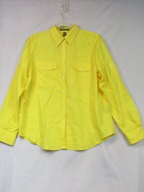 Lauren Ralph Lauren Shirt Womens L Bright Yellow Linen Long Sleeve Button Down